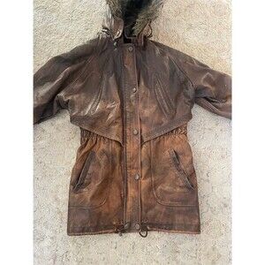 Wilsons Leather Coat Womens Small Brown Hooded Parka Faux Fur Trim Long